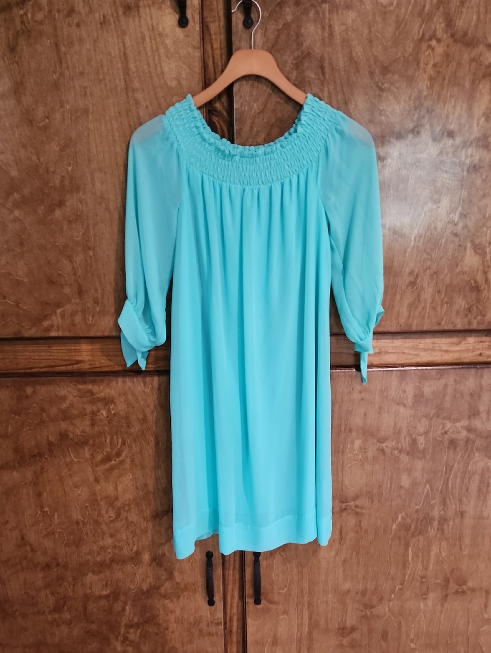 New York & Company Teal Smocked Neck Peasant Tunic Dress